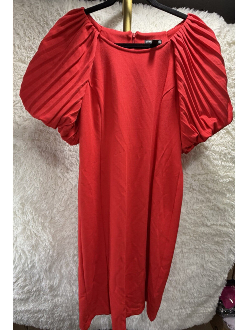 Nina Leonard Dress Womens XL Red Pleated Puff Sleeve Sheath Midi Party Cocktail